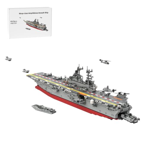 PLAYBUDDY 1/350 WW2 Battleship Building Kit, 4049PCS Wasp-Class Amphibious Assault Ship Model Aircraft Carrier Toy Sets, Creative MOC for Adults