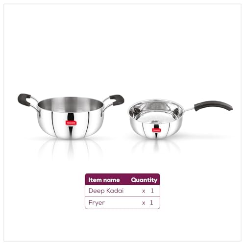 Image of Premium Stainless Steel Deep Kadai 1.9 Litre with Mesh Frying Basket 1.8 Litre with Comfort Handles | Perfect for Deep Frying, and Stir-Frying | Durable and all Cooktop Compatible
