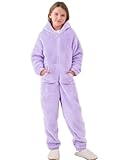 HOTIAN Girls Fleece Jumpsuits Hooded Rompers Fuzzy Onesie Warm Cute Costume Winter Clothes (US, Age, 11 Years, 12 Years, Purple)