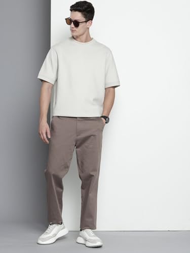Image of The Indian Garage Co Men Regular Fit Solid Mid-Rise Stretchable Chinos