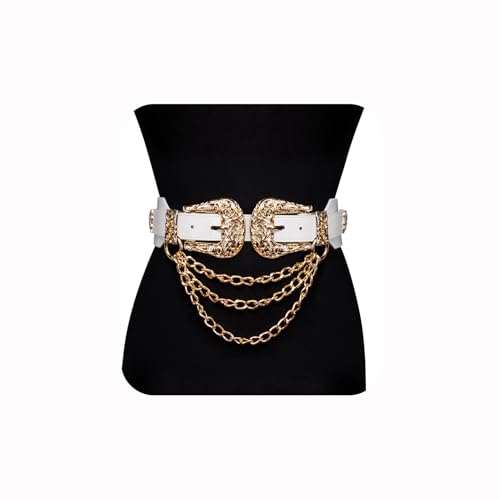Image of Dubulle Womens Belt Chain Leather Belts Vintage Western Adjustable Elastic Double Buckle for Cowboy Pant Dress