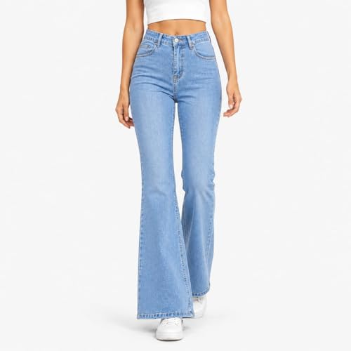 Image of Women's High Waist Bell Bottom Jeans | Flared Wide Leg Stretchable Denim Pants | Stylish Casual, Party & Everyday Wear | Denim Pant Suits | Bootcut Fit Design
