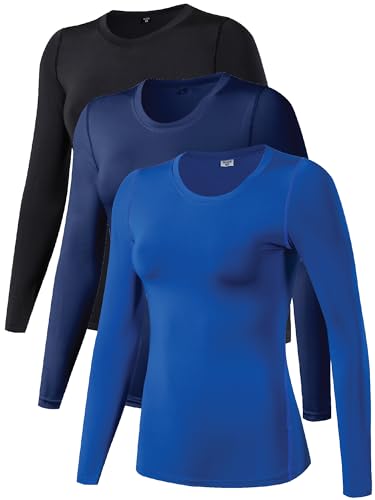 TAISIM Women's Dry Fit Compression Shirts Moisture Wicking Long Sleeve Base Layer for Workout, Running, Yoga,Cold Weather, C(black,blue,navy), X-Large