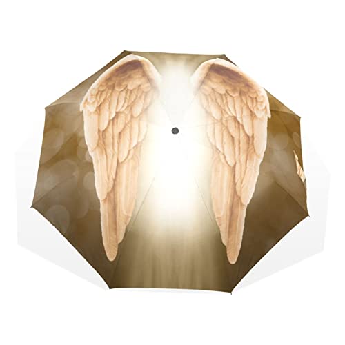 Poeticcity Goldener goldener Engelsflügel-Regenschirm, Reise-Regenschirm, Handöffnung, geschlossen, winddicht, wasserdicht, faltbar, kompakter Sonnenschirm, starker Sonnenschirm