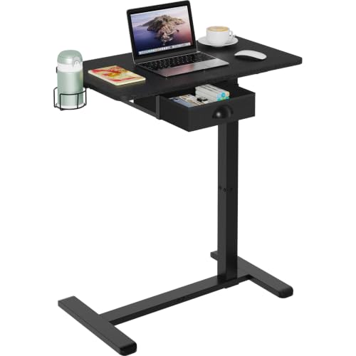 X-cosrack Overbed Bedside Table with Drawer Adjustable Pneumatic Standing Desk with Wheels Rolling Laptop Desk with Cup Holder Computer Cart Movable Over Bed Table for Hospital and Home Use Black