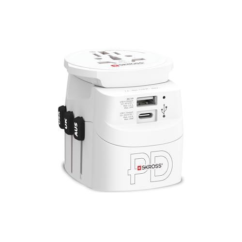 SKROSS - Pro Light USB AC30PD - World - Universal 3 Chicken Travel Adapter for the World with PD PD Fast Charge Charger (1 x USB C 3A + 1 x 2.4A) - Power: 110V - 700W / 250V - 1750W