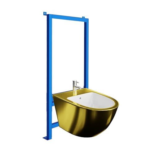 LAVITA Vorwandelement für Bidet LAV 500 + Wand-Bidet Sofi Gold/White Komplettset Wand-Hänge Bidet mit Hahnloch und Überlaufschutz aus Keramik WC Hygienisch und Pflegeleicht 36,5x49x32,5 cm