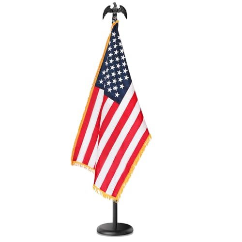 Indoor Flag Pole and Stand 8FT Flagpole Kit with Base Eagle Topper 3x5 FT American Flag Heavy Duty Indoor Flag Pole for City Hall/Businesses/Office/Auditorium/School/Home