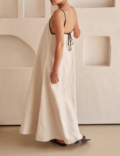 Image of Womens Summer Linen Maxi Dress Contrast Trim Spaghetti Straps Backless Sleeveless Long Flowy Dresses