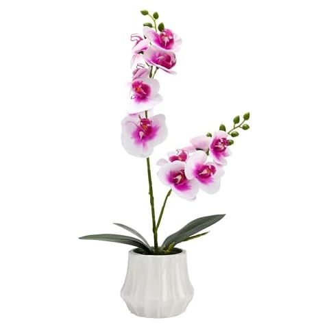 Angerlo Realistic Artificial 13'' Butterfly Orchid in Vase, Lifelike Potted Faux Phalaenopsis Flowers Fake Plant Arrangement Table Centerpiece Home Office Decoration (Peach) Cover