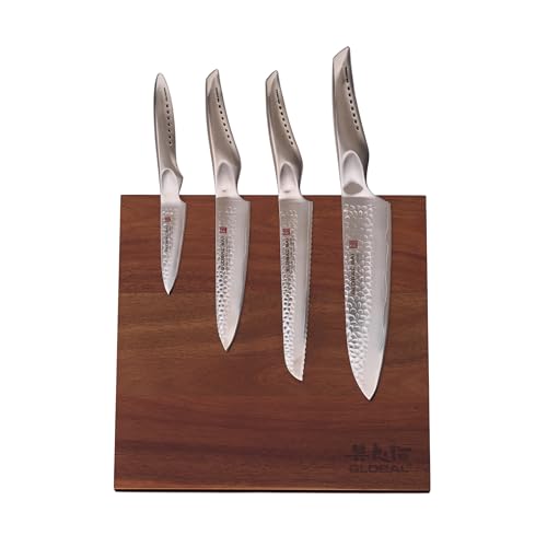 Global Bitoku 5 Piece SAI Essentials Set - Magnetic Easel, 4 Knives: 8 inch Chef's, 6 Inch Utility, 6 inch Serrated Utility, 3 inch Paring, Acacia