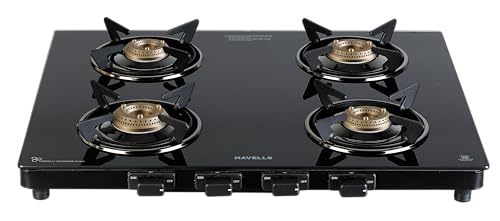 Havells GEOSLIM JUMBO stove |4 Heavy Duty Forged Brass Burner|6 mm Toughened Glass|Premium Valves|Removable Drip Tray|Soft Touch Knobs|5 year Warranty on Burners, Glass & Valves by Havells (Black)