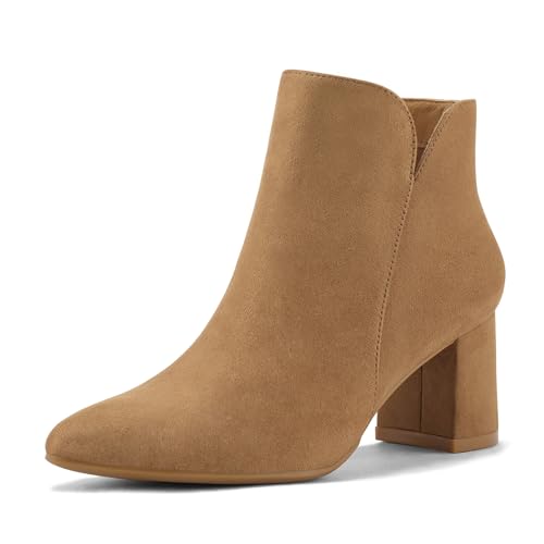 mysoft Women's Ankle Boots Chunky Block Low Heel Comfortable Pointed Toe Side V Cutout Dressy Office Booties with Zipper