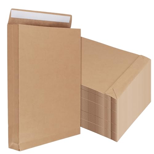 SOUJAP Lot de 50 enveloppes à soufflet A4 en kraft avec fermeture autocollante pour documents, photos, archives, 40 mm d'épaisseur, marron