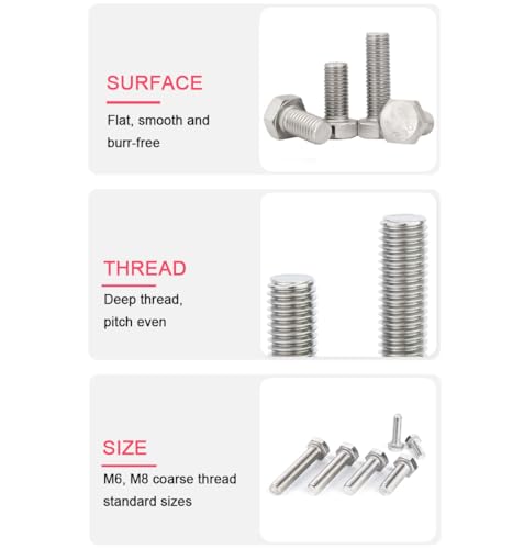 Image of cSeao 10pcs 1 /4-20 x 3 inch Hex Head Bolts Screws, Full Thread, Plain Finish, F593C 18-8 304 Stainless Steel