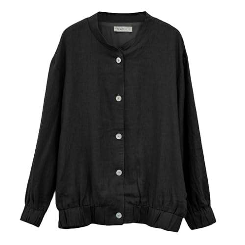 Amazhiyu Womens Linen Button Down Bomber Jacket Long Sleeve Casual Coat for Fall3