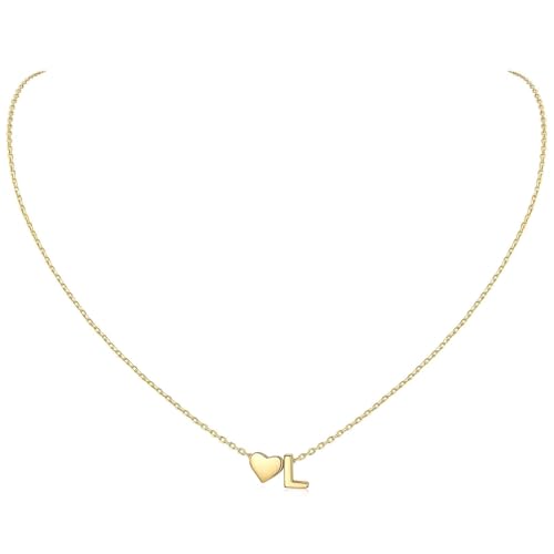 ChicSilver 925 Sterling Silver Heart Initial Necklaces for Women -Dainty Personalized Heart Pendant Letter Alphabet Necklace for Women L 14K Gold