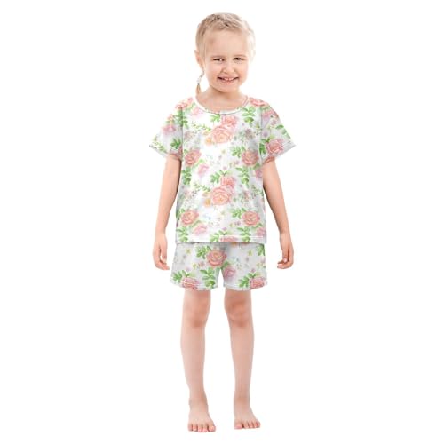 Watercolor Rose Flowers Pajama Set Short Sleeve PJS 2 Piece Summer Pajamas Shorts Sets Cotton 5Y3