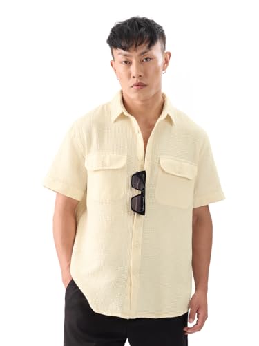 Image of The Souled Store Eggshell White Men and Boys Short Sleeves Collared Neck Button Front Regular Fit Cotton Textured Shirts