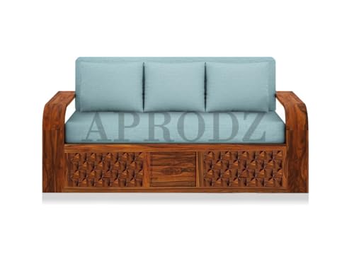 Image of APRODZ Solid Sheesham Wood Sofa Cum Bed 3 Seater Velevt Fabric with Blue Upholstery & Cushion Perfect Sofa Furniture for Home Living Office Room and Guests (Honey Finish 75x69x30-Inch)