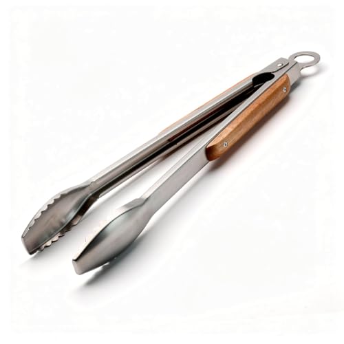 Grillzange 44 cm aus Edelstahl mit Holzgriff, extra lange BBQ Zange für Holzkohle- & Gasgrill, stabile Küchenzange zum Wenden von Fleisch, Würstchen & Gemüse