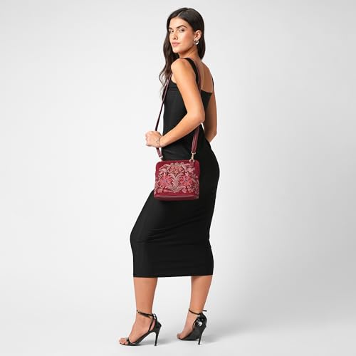 Image of Caprese Siji Tresana Small Crossbody Bag for Women | Kashida Embroidery Sling with Adjustable & Detachable Strap, Secured Zip Closure | Stylish & Spacious Handbag for Everyday Use & Travel