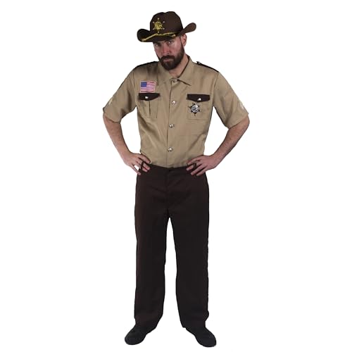 Mens US Sheriff Costume - Large - Beige Shirt, Brown Trousers, Sheriff Badge - Adults Halloween Western Fancy Dress Costume