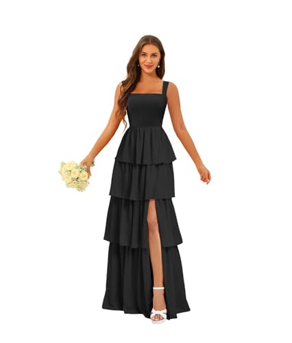Square Neck Spaghetti Strap Tiered Bridesmaid Dresse Long for Women Sleeveless Formal Dresses with Slit DI246