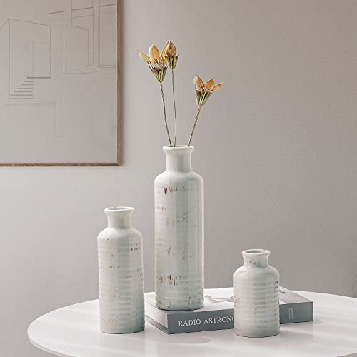 Lizofer Antique White Ceramic Vase Set Of 3 For Living Room Bedroom Office Retro Rustic Vintage Farmhouse Home Decor Modern Flower Vases For Fireplace Kitchen Centerpieces Table Shelf Minimalist Gift #TOP1