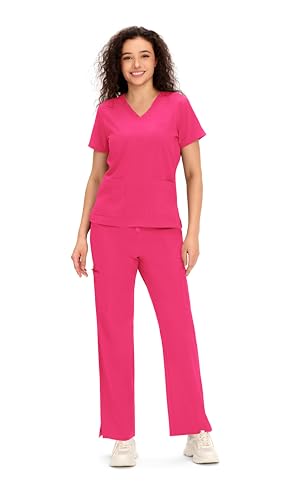 COZYFIT Scrubs for Women - V Neck Top and Bootcut Cargo Straight Pants, Womens Scrub Sets with 12 Pockets, 4 Way Stretch Fabric, Hot Pink, M