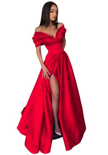 Women's Off The Shoulder Satin Prom Dress with Pockets Long Backless A-Line Formal Evening Gowns with Slit