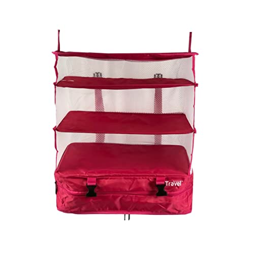 Stow-N-Go Portable Hanging Travel Shelves, Packing Organizer for Luggage. Carry on Closet with Hanger for Clothes. Expandable Packing Cube. Travel Essentials from Grand Fusion. Large, Pink