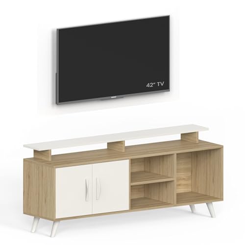 Image of Zerry Engineered Wood TV Entertainment Unit Set Top Box Stand /TV Cabinet Panel with Shelves for Books & Decor Display Unit Bed Living Room Upto 55 Inches - DIY (Light Oak & White)