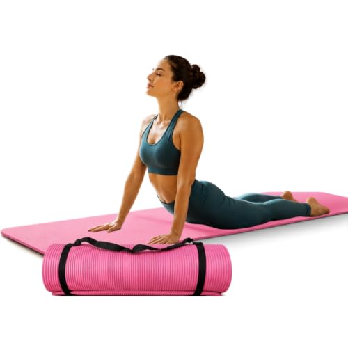 Image of Yoga & Exercise Mat with Carry Strap | Nitrile Butadiene Rubber (NBR) Anti-Slip Workout Mat for Yoga, Pilates, Meditation, Stretching & Home Gym Fitness | Men & Women (Pink-8mm)