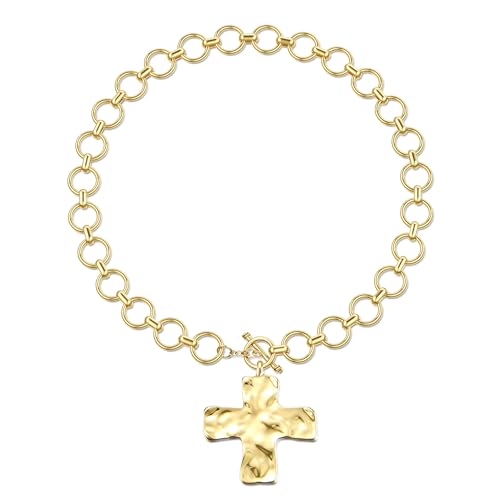 ZephyrHome 18k Collier doré femme gros maillon, Collier croix épais, choker ras de cou femme style punk, collier maillon cubain plaqué or pour, or...