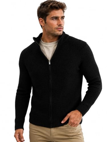 Image of TYSORT Men's Cotton Full Sleeve High Neck Full Zipper Sweater for Men, Cable Knitted Cardigan for Men
