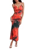 SOLY HUX Women's Skirt Sets 2 Piece Outfits Tie Dye Cami Tops and Bodycon Long Skirt Set Red Tie Dye Small