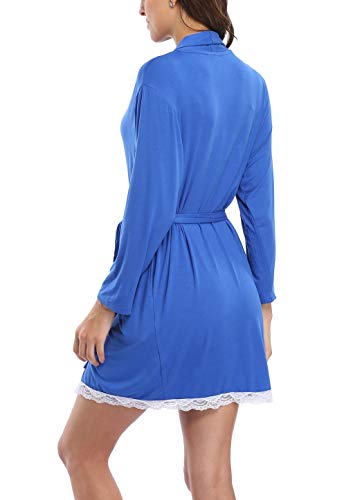 Old-Times Women's Short Cotton Kimono Robes With Lace Trim Modal Knit Bathrobe For Bridal Party,Royal Blue Large #TOP3