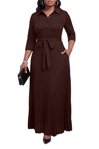 Image of Runwind Maxi Dresses for Women, 3 /4 Sleeve Botton Down Pleated Long Dress with Belt Casual Church Dress with Pockets