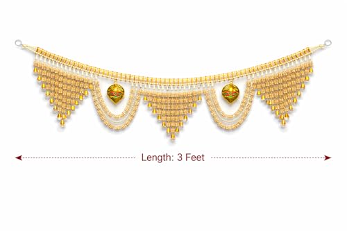 Image of Premium Golden Beads Toran for Door | Designer Bandarwal with Leaf Motifs & Hanging Bells | Traditional Door Decoration for Diwali, Wedding, Griha Pravesh & Pooja