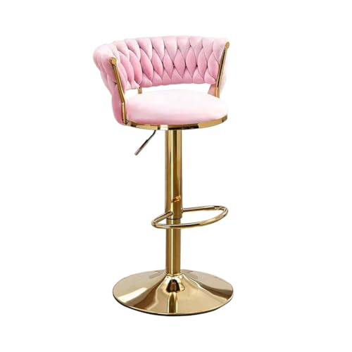 Butaco ajustable de altura, con respaldo bajo y reposapiés, giro de 360°, tapizado en terciopelo rosa con base y patas metálicas doradas, para barra, isla de cocina o pub miniatura 1