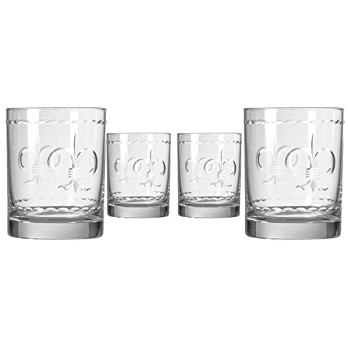 Rolf Glass Fleur De Lis Double Old Fashioned Glass 13 ounce - Whiskey Glass – Lead-Free Glass Tumbler - Etched Whiskey Tumbler Glasses – Proudly Made in the USA (Set of 4)
