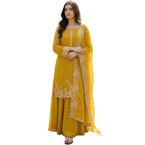 Image of Women's Embroidered Kurta Sharara Set with Dupatta | Festive Ethnic Wear Suit Set for Women | Full Sleeve Round Neck Traditional Outfit