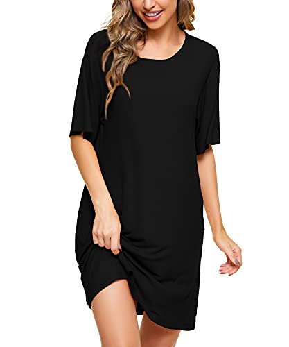 Womens Nightgown short sleeve Nightshirts O-Neck Sleep Wear soft Breathable Night Dress Comfy Pajama Sleep Shirts for Women Black