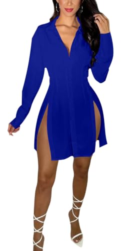 Image of Shirt Dress for Women Sexy Button Down Date Night Dresses Ruched Slit Stand Collar Long Sleeve Blouses