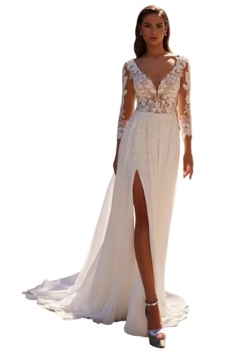 AuroraMer White Boho Wedding Dresses for Bride Long Sleeve Bridal Dress with Slit Lace Appliques Chifon Wedding Gowns US0 Size AM01M8