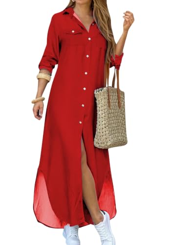 Image of YMING Women's Long Sleeve Button Down Shirt Dress Spring Casual Maxi Dresses Loose Fit Blouse Dress with Pockets