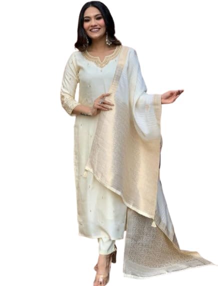 silk bliss Women's Traditional Cotton Kurta Pant with Dupatta Set, 3-Piece Ethnic Wear, Embellished Neckline 3/4 Sleeve Salwar Suit for Women and Girls-picture-10