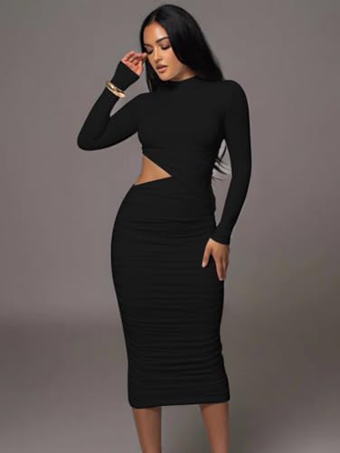 LAGSHIAN Women Sexy Long Sleeve Mock Neck One Piece Cutout Ruched Bodycon Midi Party Dress4