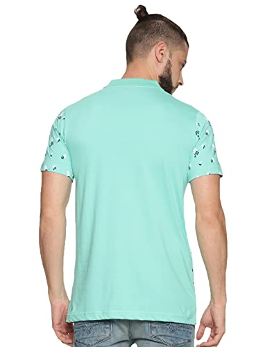 Image of KRYPTIC Men's 100% Cotton Sea Green Leaf Printed Polo Tshirt (S)